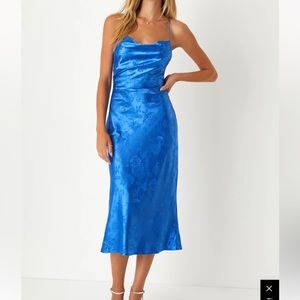 Bright blue midi dress. Perfect for wedding guest. Open laced up back
